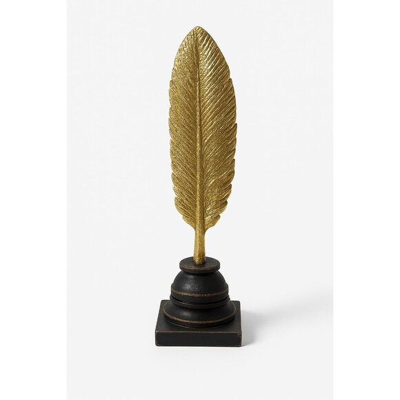 Two's Company 13" Gold Feather Sculpture Quill Decor on Black Pedestal Base - Picture 1 of 9